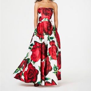 Blonde Nites strapless floral print ball gown.